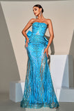 Peacock Blue Mermaid Sequin Strapless Long Prom Dress with Bow Streamer