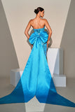 Peacock Blue Mermaid Sequin Strapless Long Prom Dress with Bow Streamer