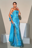 Peacock Blue Mermaid Sequin Strapless Long Prom Dress with Bow Streamer