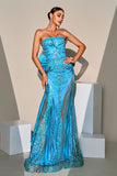 Peacock Blue Mermaid Sequin Strapless Long Prom Dress with Bow Streamer