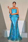 Peacock Blue Mermaid Sequin Strapless Long Prom Dress with Bow Streamer