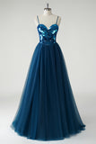 Dark Blue A Line Spaghetti Straps Broken Mirrors Tulle Corset Long Prom Dress