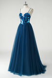 Dark Blue A Line Spaghetti Straps Broken Mirrors Tulle Corset Long Prom Dress