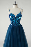 Dark Blue A Line Spaghetti Straps Broken Mirrors Tulle Corset Long Prom Dress