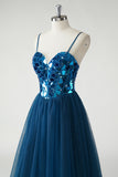 Dark Blue A Line Spaghetti Straps Broken Mirrors Tulle Corset Long Prom Dress