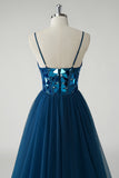 Dark Blue A Line Spaghetti Straps Broken Mirrors Tulle Corset Long Prom Dress