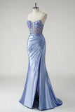 Grey Blue Mermaid Spaghetti Straps Ruched Beaded Long Prom Dress with Slit