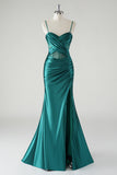 Dark Green Mermaid Spaghetti Straps Corset Long Prom Dress with Slit