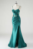 Dark Green Mermaid Spaghetti Straps Corset Long Prom Dress with Slit