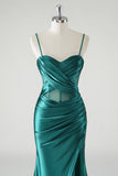 Dark Green Mermaid Spaghetti Straps Corset Long Prom Dress with Slit