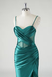 Dark Green Mermaid Spaghetti Straps Corset Long Prom Dress with Slit