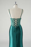 Dark Green Mermaid Spaghetti Straps Corset Long Prom Dress with Slit