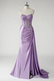 Purple Mermaid Spaghetti Straps Beaded Corset Side Streamer Long Prom Dress with Slit