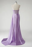 Purple Mermaid Spaghetti Straps Beaded Corset Side Streamer Long Prom Dress with Slit