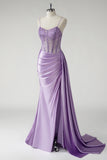 Purple Mermaid Spaghetti Straps Beaded Corset Side Streamer Long Prom Dress with Slit