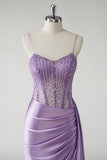 Purple Mermaid Spaghetti Straps Beaded Corset Side Streamer Long Prom Dress with Slit