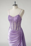 Purple Mermaid Spaghetti Straps Beaded Corset Side Streamer Long Prom Dress with Slit