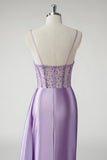 Purple Mermaid Spaghetti Straps Beaded Corset Side Streamer Long Prom Dress with Slit