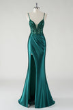 Dark Green Mermaid Spaghetti Straps Sparkly Sequin Corset Long Prom Dress with Slit