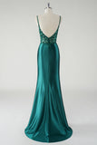 Dark Green Mermaid Spaghetti Straps Sparkly Sequin Corset Long Prom Dress with Slit