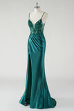 Dark Green Mermaid Spaghetti Straps Sparkly Sequin Corset Long Prom Dress with Slit