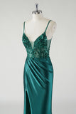 Dark Green Mermaid Spaghetti Straps Sparkly Sequin Corset Long Prom Dress with Slit