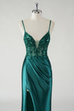 Dark Green Mermaid Spaghetti Straps Sparkly Sequin Corset Long Prom Dress with Slit