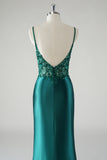 Dark Green Mermaid Spaghetti Straps Sparkly Sequin Corset Long Prom Dress with Slit