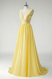 Yellow A Line Deep V Neck Cut Out Open Back Satin Long Prom Dress with Beading