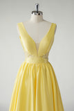 Yellow A Line Deep V Neck Cut Out Open Back Satin Long Prom Dress with Beading