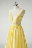 Yellow A Line Deep V Neck Cut Out Open Back Satin Long Prom Dress with Beading