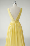 Yellow A Line Deep V Neck Cut Out Open Back Satin Long Prom Dress with Beading