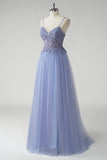 Grey Blue A Line Spaghetti Straps Beaded Tulle Corset Long Prom Dress with Slit