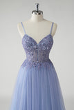 Grey Blue A Line Spaghetti Straps Beaded Tulle Corset Long Prom Dress with Slit