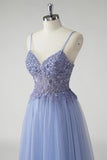 Grey Blue A Line Spaghetti Straps Beaded Tulle Corset Long Prom Dress with Slit