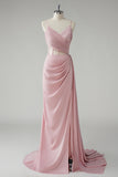 Blush Mermaid Spaghetti Straps Side Streamer Pleated Corset Long Prom Dress With Slit