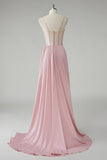 Blush Mermaid Spaghetti Straps Side Streamer Pleated Corset Long Prom Dress With Slit