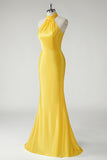 Yellow Mermaid High Neck Satin Pleated Cut Out Long Prom Dress