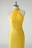 Yellow Mermaid High Neck Satin Pleated Cut Out Long Prom Dress