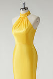 Yellow Mermaid High Neck Satin Pleated Cut Out Long Prom Dress