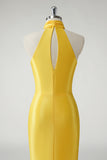 Yellow Mermaid High Neck Satin Pleated Cut Out Long Prom Dress