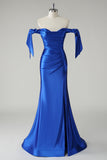 Royal Blue Mermaid Off The Shoulder Ruched Corset Long Prom Dress with Slit