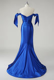 Royal Blue Mermaid Off The Shoulder Ruched Corset Long Prom Dress with Slit