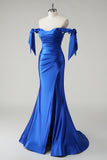 Royal Blue Mermaid Off The Shoulder Ruched Corset Long Prom Dress with Slit