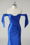 Royal Blue Mermaid Off The Shoulder Ruched Corset Long Prom Dress with Slit