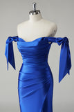 Royal Blue Mermaid Off The Shoulder Ruched Corset Long Prom Dress with Slit