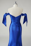 Royal Blue Mermaid Off The Shoulder Ruched Corset Long Prom Dress with Slit