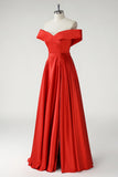 Red A Line Off The Shoulder Lace Up Back Long Prom Dress with Slit