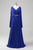 Royal Blue A-Line V Neck Ruched Long Mother of the Bride Dress with Beading