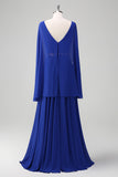 Royal Blue A-Line V Neck Ruched Long Mother of the Bride Dress with Beading